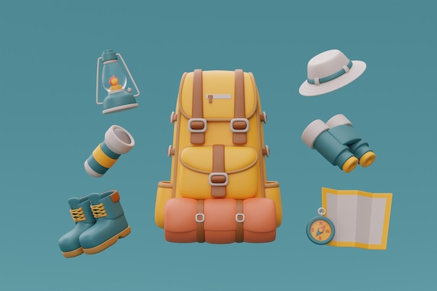 Set of elements for camping with backpack map compass binoculars and flashlight traveling trip hiking 3d rendering