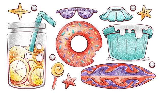 Photo set of elements in cartoon style drink cocktail sunglasses surfboard donut etc