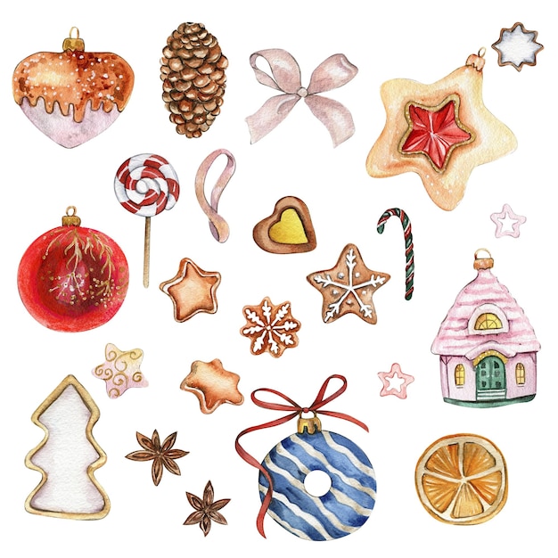 Photo set of elements for christmas christmas tree toys cakesribbons