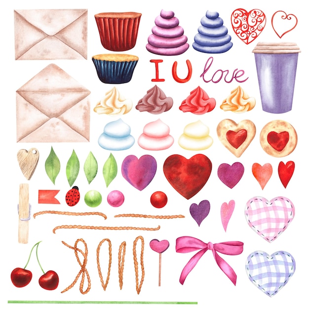 set of elements for the holiday valentine's day drawn by watercolors