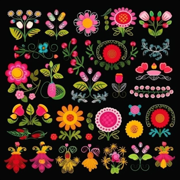 A set of embroidery flowers and leaves on a black background generative ai