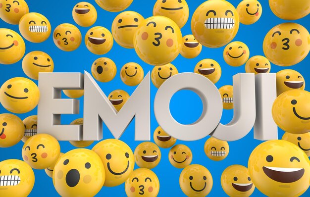 Set of emoji emoticon character faces with the word emoji 3D Rendering