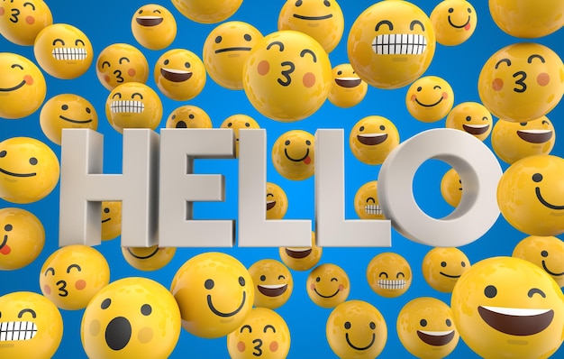 Photo set of emoji emoticon character faces with the word hello 3d rendering