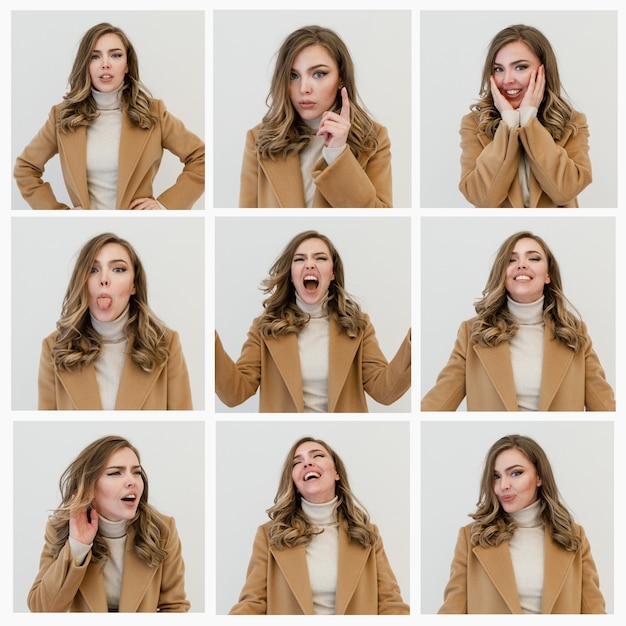 Foto serie di fotografie emotive di una giovane donna. bella bionda in un cappotto beige. collage.