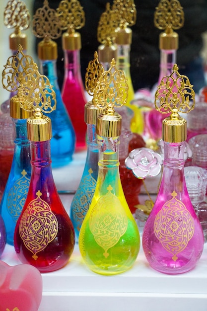 Set of Empty colorful little transparent bottles in the Ottoman style