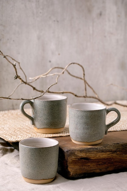 Set of empty craft ceramic coffee cups