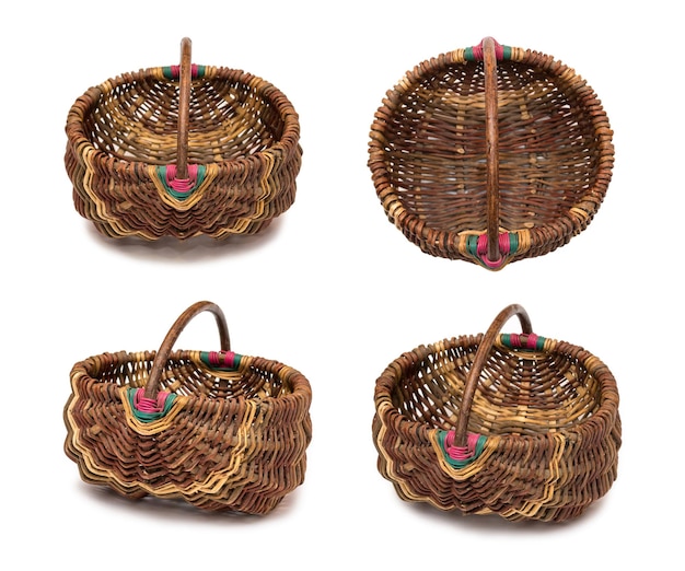 Set of empty wicker basket isolated on white