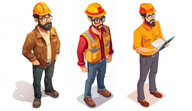 Photo set of engineer cartoon isometric isolated on white background