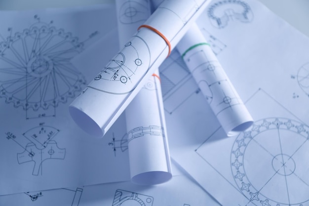 Set of engineering drawings closeup