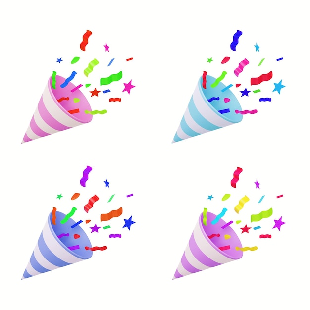 Photo set of exploding confetti popper, bright cartoon birthday party poppers. colorful confetti fly from firecrackers. 3d rendering