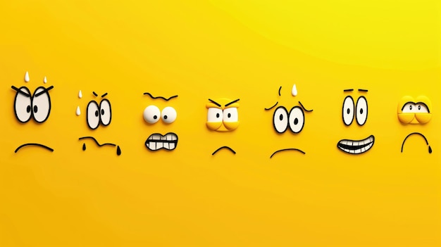 Photo a set of expressive 3d emoji faces on a bright yellow background