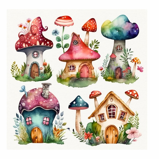 Набор сказочных домиков с грибами и цветами.