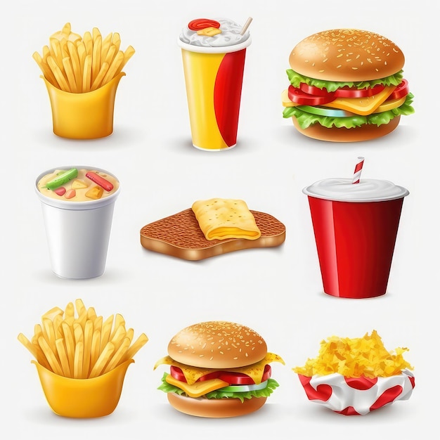 A set of fast food pictures Hamburgers drinks hotdogs