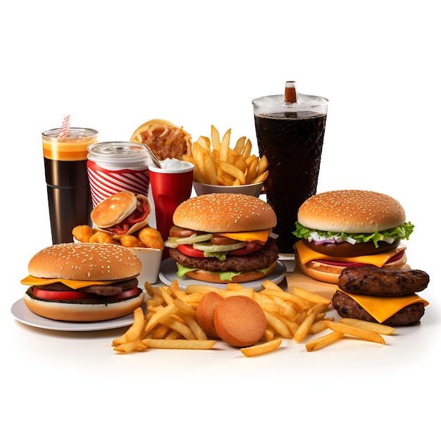 Set of fast food in white background