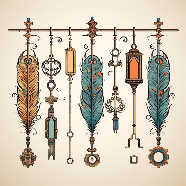 A Set of Feathers Keys Hourglasses Lanterns Muted Vintage Colors Intr 2D Flat Art Illustration