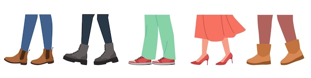 set of feet in different modern shoes various types of mens or womens footwear walking people in stylish footgear summer and winter casual accessory cartoon flat isolated vector set