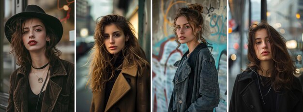 Photo set of female fashion street portraits fashionable young woman posing in a street