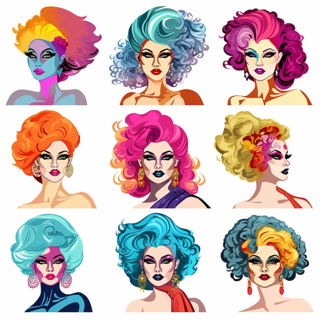 A set of female hairstyles with different hair styles