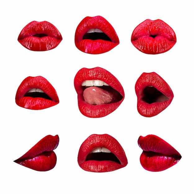 Photo set of female lips on white isolated background clipping path collection of mouth with red lip