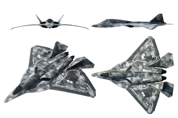 흰색 배경에 격리된 전투기 5세대 또는 6세대 설정 전투 항공 공군 신기술 3D 그림 3D 렌더링의 개념