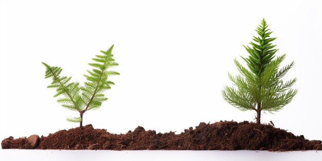 Photo set of fir tree growing in the ground isolated on white background