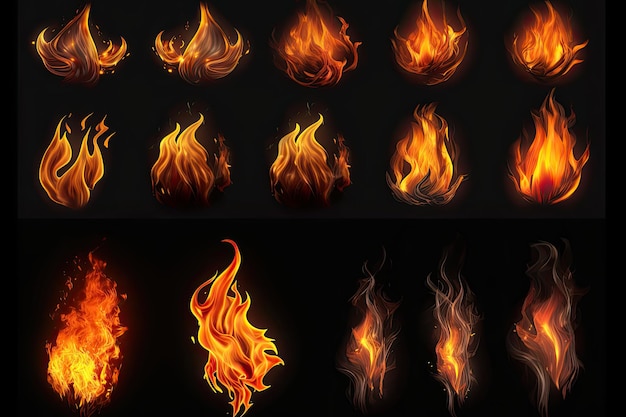 Set of fire and burning flame isolated on dark background