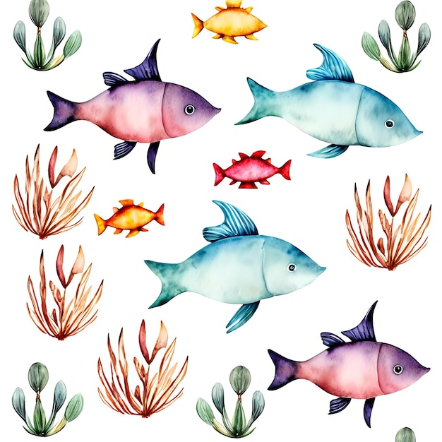 A set of fish and plants