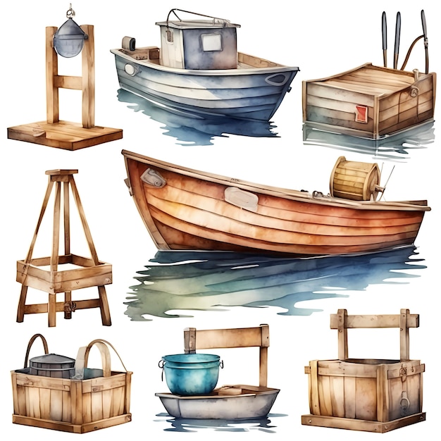 Set of a fishing boat with a catch container Watercolor hand painted isolated illustration