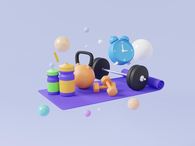 Set fitness exercise tool sport and alarm clock floating on\
pastel background equipment with dumbbell yoga mat mineral water\
health care healthy concept minimal cartoon 3d render\
illustration