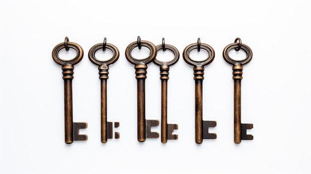 Set of Five Antique Style Skeleton Keys On a White or Clear Surface PNG Transparent Background