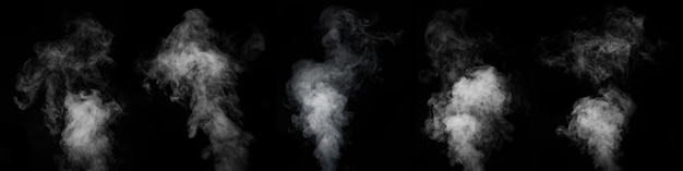 A set of five different types of swirling smoke steam isolated on a black background for overlaying on your photos