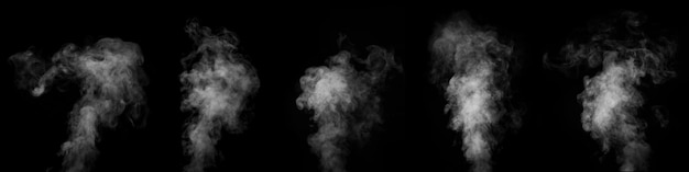 A set of five different types of swirling smoke steam isolated on a black background for overlaying on your photos