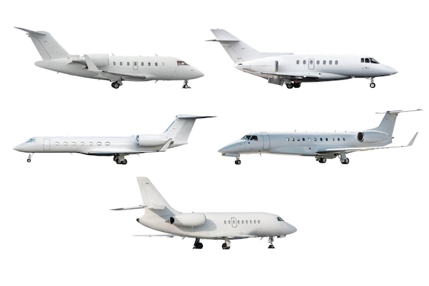 Set of five different white business jets isolated on white background