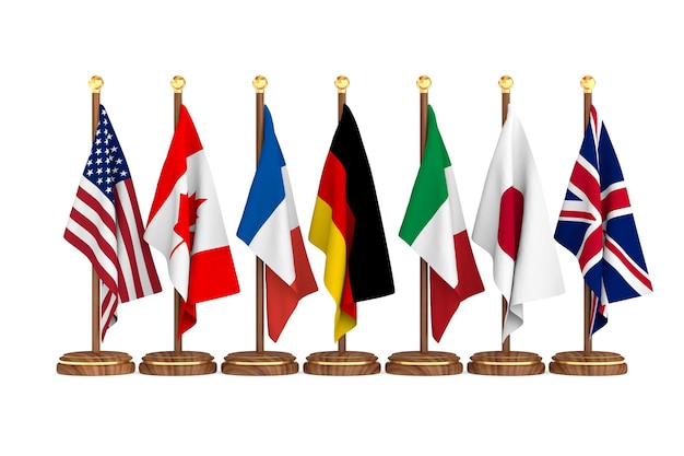 Установите флаги G7 на белом фоне Изолированная 3D иллюстрация