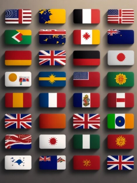 Photo set of flags top famous country flags in the form of ovals with shadow on a gray background