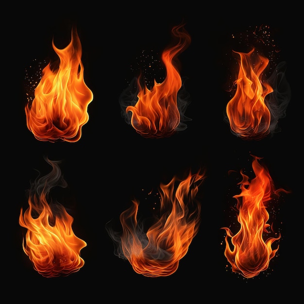 set of flames isolated black background