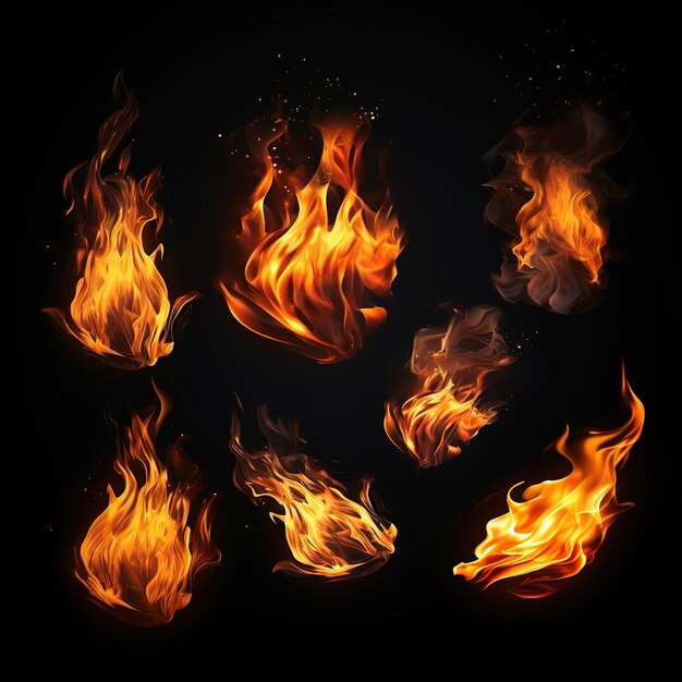 Photo set of flames isolated black background