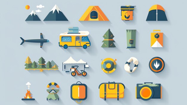 Photo a set of flat design icons for camping and outdoor activities
