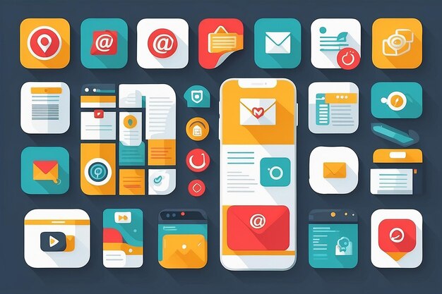 Set of flat design web icons for mobile phone services and apps Concept mobile marketing email video