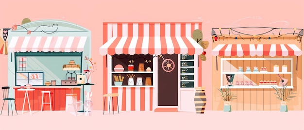 A set of flat hand drawn illustrations depicting a wooden market stall with a red and white striped awning isolated in a cartoon style