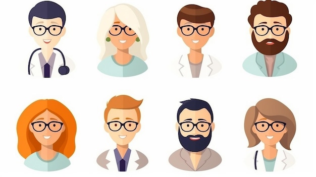 Photo set of flat illustration avatars of male and female doctors and medical workers ai generated