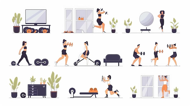 Set of flat style fitness elements showing people exercising at home or taking online fitness courses