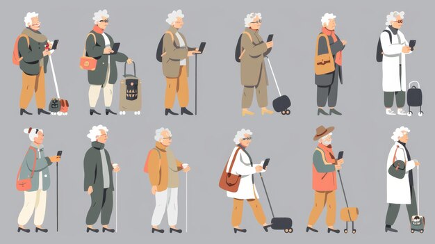 Photo set of flat style senior people elements showing elderly using electronic devices to shop get deliveries seek medical attention talk to family and friends and enrol in classes online