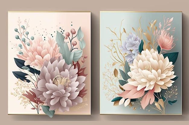 Set of floral art posters pastel soft colors flower ai generative