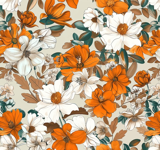 a set of floral pattern with orange and white flowers on beige