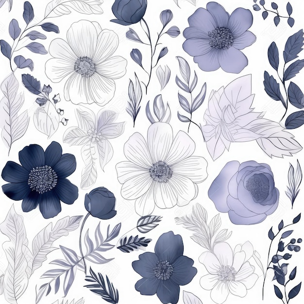 A set of floral seamless patterns with blue flowers and leaves.