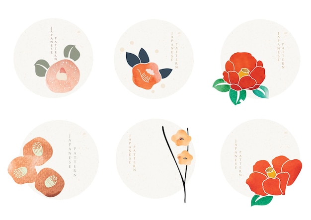 Set of flower icons in Japanese style with brush stroke element vector Colorful of floral pattern on vintage style Logo design Watercolor painting texture