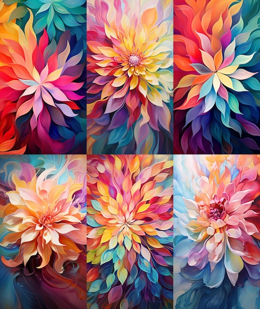 Set of flowers colorful oil acrilic art bright floral abstract print