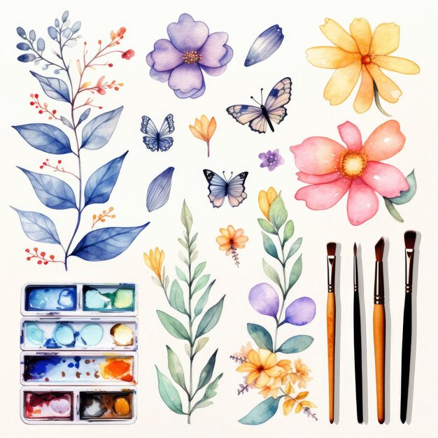 Set flowers leave and brush watercolor