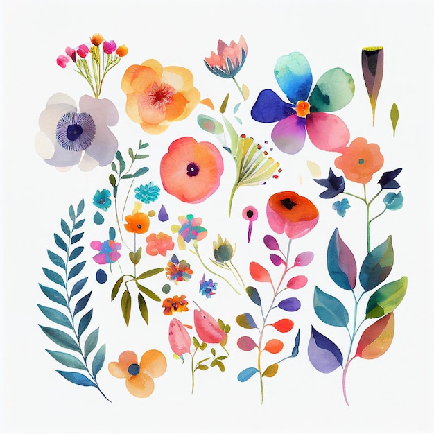 Set flowers and leave painting watercolor floral illustration created with Generative AI technology